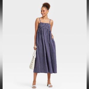 A New Day Women’s Spaghetti Strap Smocked Midi Dress | Navy Blue Stripe Large